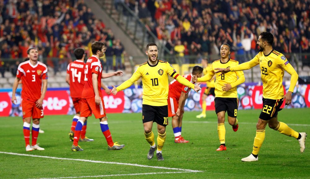 Belgium's Eden Hazard celebrates scoring their third goal against Russia. u00e2u20acu201d Reuters pic