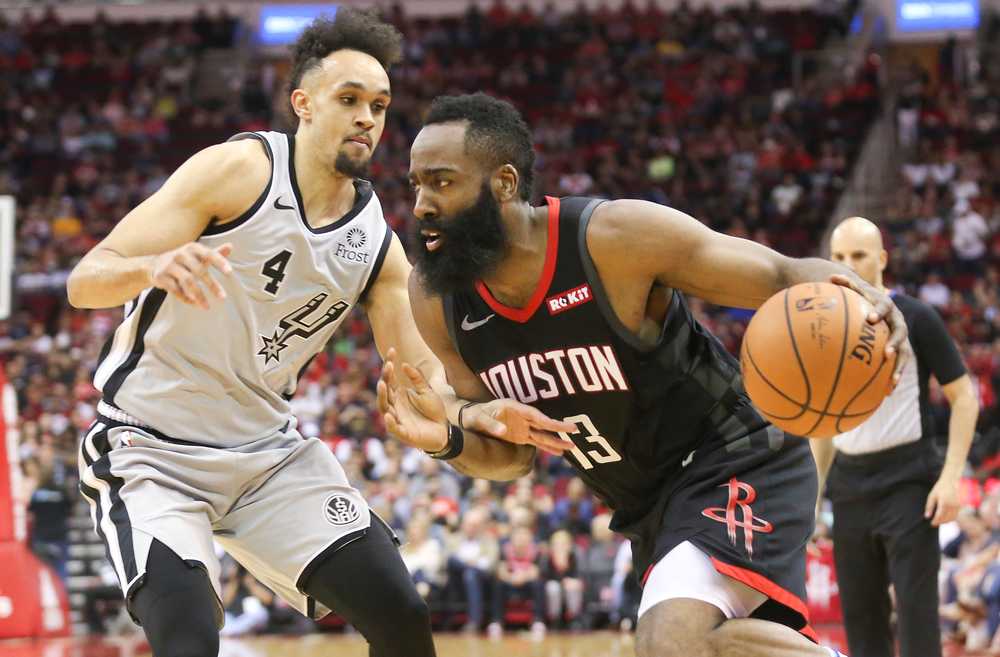 Houston Rockets guard James Harden (13) dribbles against San Antonio Spurs guard Derrick White in the NBA match at Toyota Center, Houston March 22, 2019.u00e2u20acu201d USA TODAY Sports/Reuters pic
