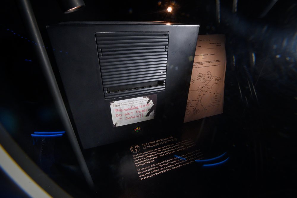 A copy of the Next Computer that was used as the first server of the World Wide Web is displayed at an exhibition at the European Organisation for Nuclear Research (Cern) on January 29, 2019, in Meyrin, near Geneva. u00e2u20acu201d AFP picn