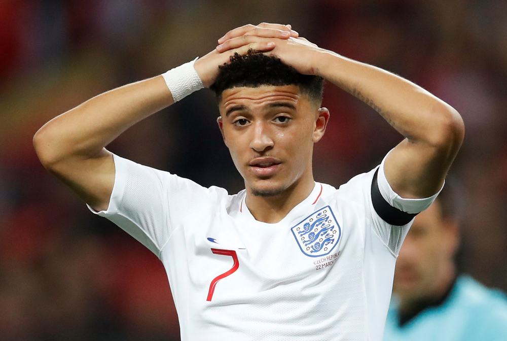 England's Jadon Sancho reacts during the Euro 2020 Group A qualifier against the Czech Republic at Wembley Stadium, London March 22, 2019. u00e2u20acu201d Reuters pic