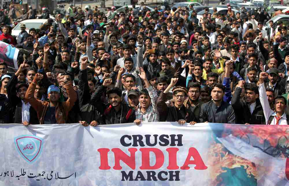 Supporters of Jamiat Talaba Islam (JTI), student wing of religious and political party Jamaat-e-Islami (JI), chant slogans in Lahore, Pakistan February 27, 2019. u00e2u20acu201d Reuters pic