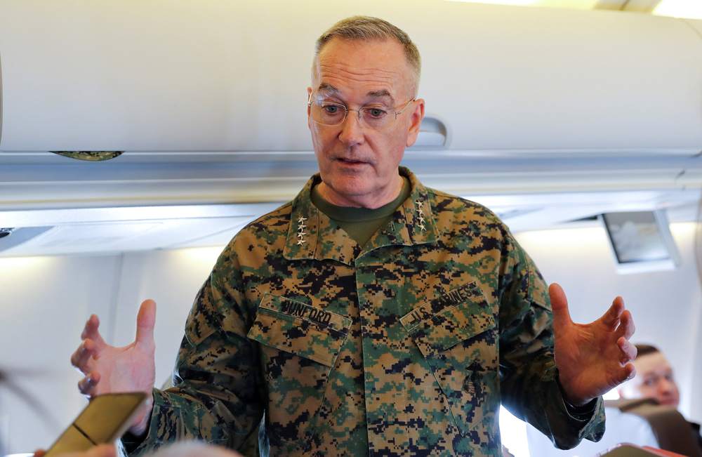 US Joint Chiefs Chairman Gen. Joseph Dunford speaking to reporters during a briefing on a military aircraft before arrival at El Paso International airport, US February 23, 2019. u00e2u20acu201d Reuters pic 