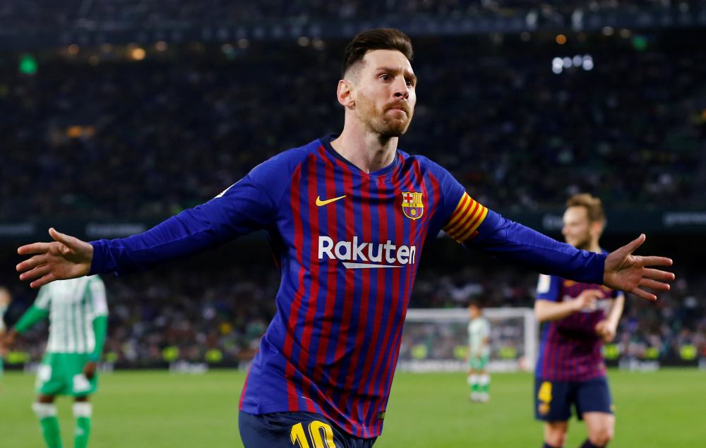 Barcelona's Lionel Messi celebrates after scoring the fourth goal to complete his hat-trick against Real Betis, March 17, 2019. u00e2u20acu2022 Reuters pic