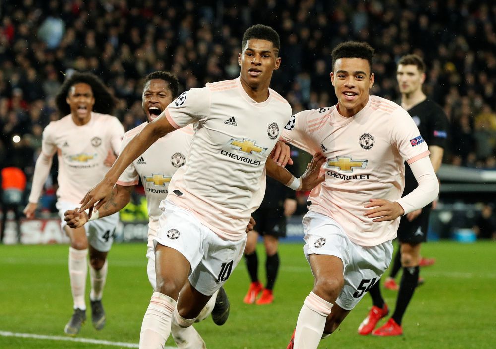 Manchester Unitedu00e2u20acu2122s Marcus Rashford celebrates scoring their third goal during their Champions League round of 16 second leg match with PSG in Paris March 6, 2019. u00e2u20acu201d Action Images pic via Reuters