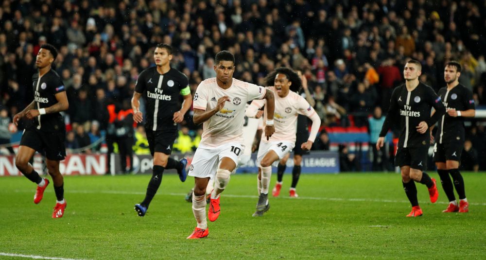 Manchester United's Marcus Rashford celebrates after scoring the third goal against Paris St Germain, March 6, 2019. u00e2u20acu2022 Reuters pic