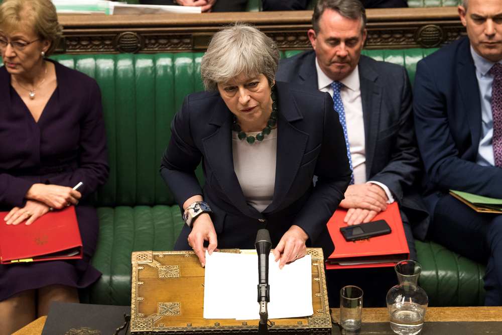 Britain's Prime Minister Theresa May speaks in Parliament following the vote on Brexit in London March 13, 2019. u00e2u20acu201d UK Parliament/Mark Duffy handout via Reuters