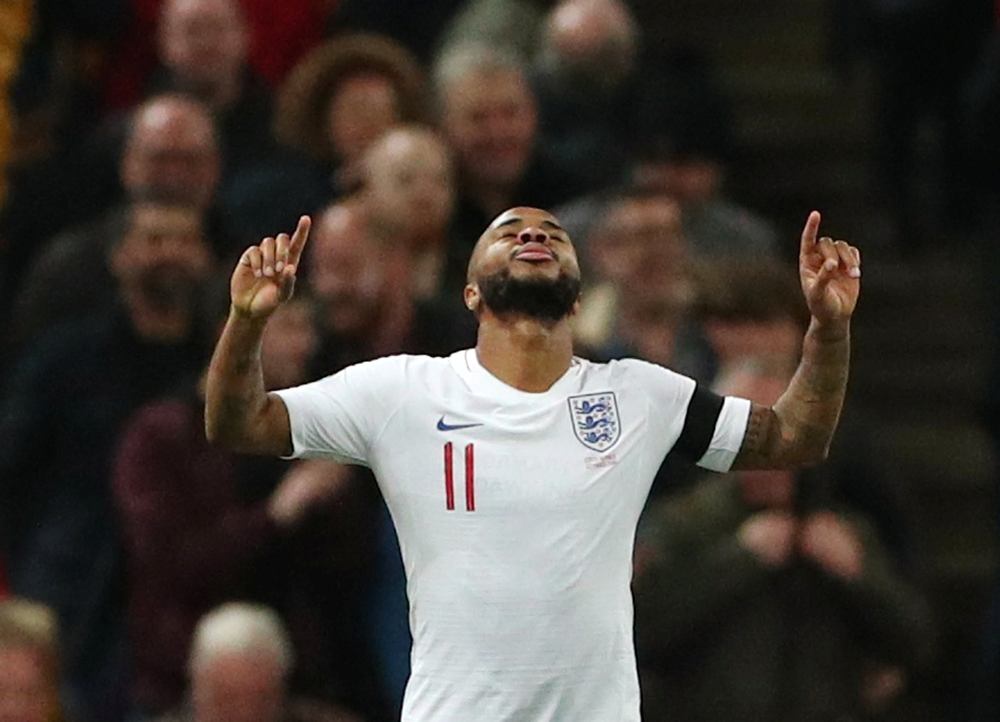 England's Raheem Sterling celebrates completing a hattrick in the Euro 2020 qualifier against the Czech Republic at Wembley Stadium, London  March 22, 2019. u00e2u20acu201d Reuters pic