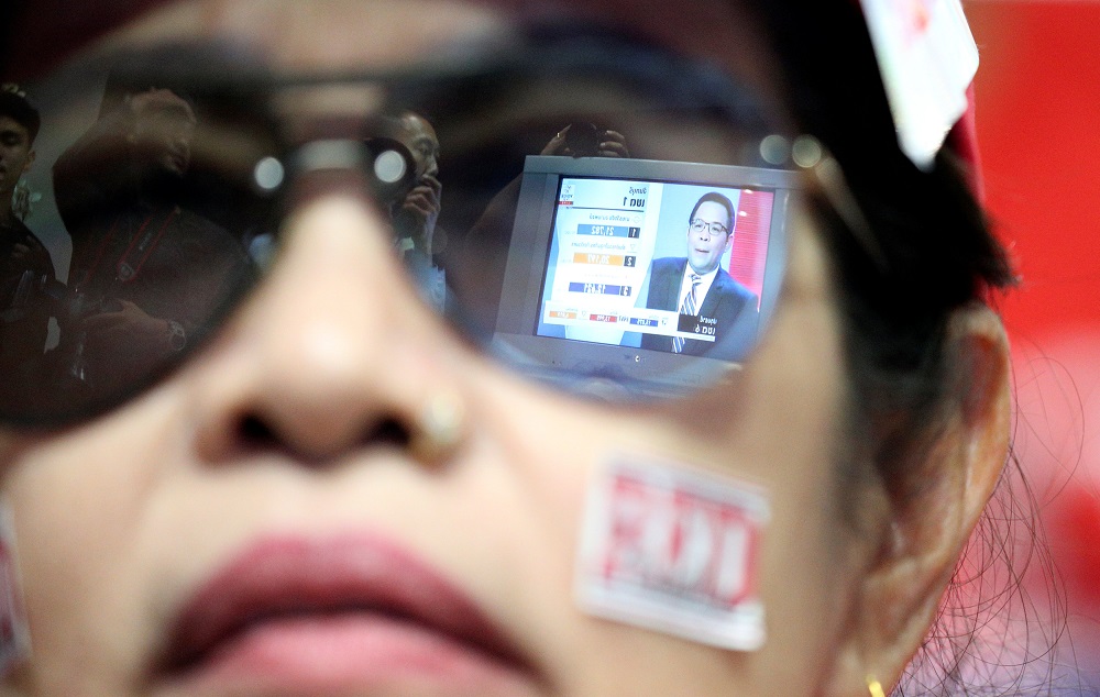 Live results are reflected in glasses of a supporter of Pheu Thai Party during the general election in Bangkok March 24, 2019. u00e2u20acu201d Reuters pic       