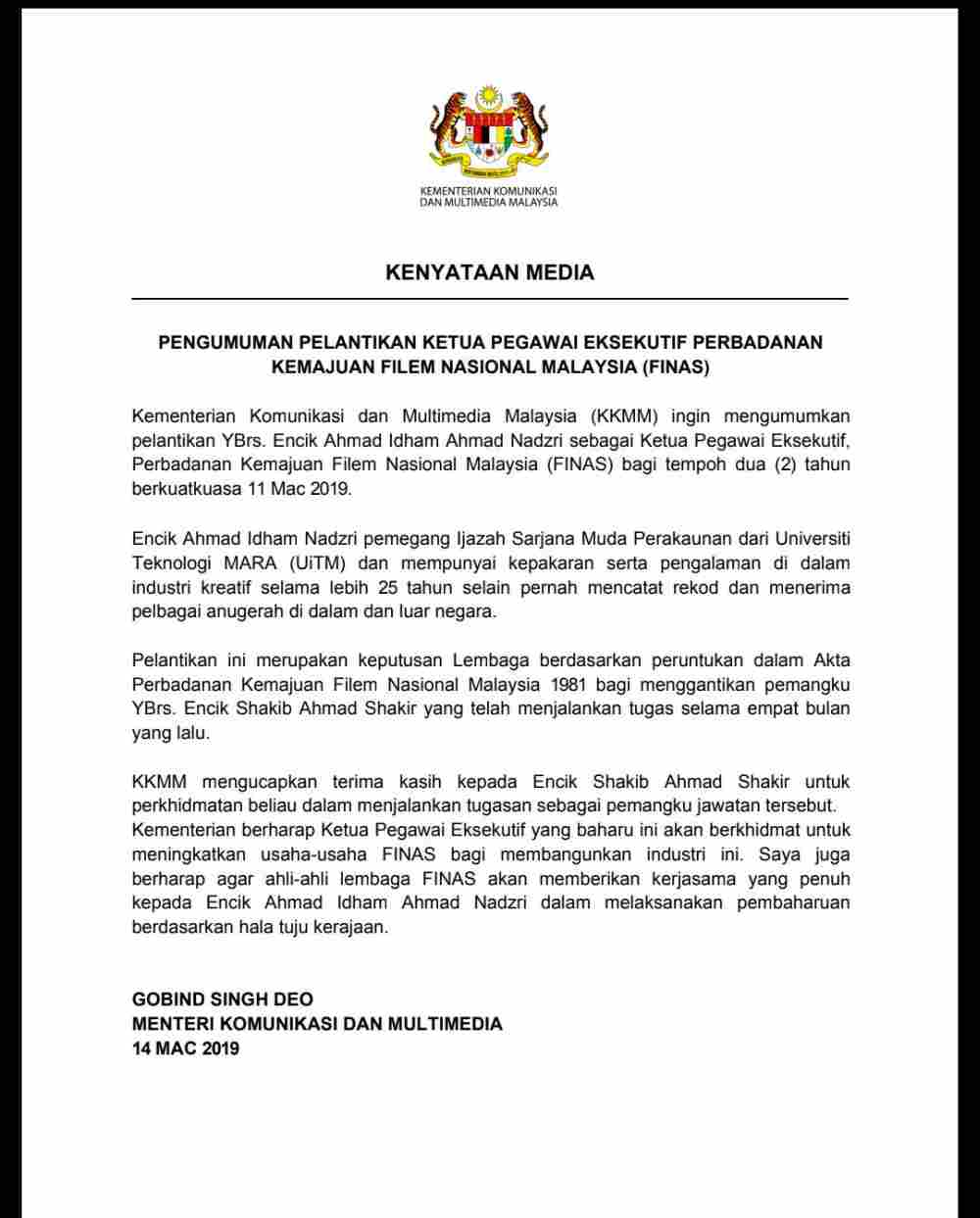 A screenshot of the announcement of Ahmad Idham’s appointment by Communications and Multimedia Minister Gobind Singh Deo.