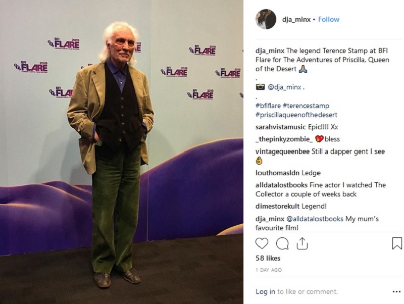 A screengrab from the Instagram account of @dja_minx shows British 1960s film icon Terence Stamp at the British Film Institute in London.