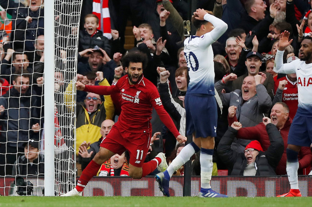 Liverpool's Mohamed Salah celebrates after Tottenham's Toby Alderweireld scored an own goal and Liverpool's second, March 31, 2019. u00e2u20acu201d Action Images handout via Reuters/Paul Childs 