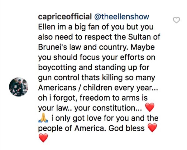 Caprice’s comments on Ellen DeGeneres’ call to boycott Brunei owned properties. — Snapshot from Instagram/TheEllenShow
