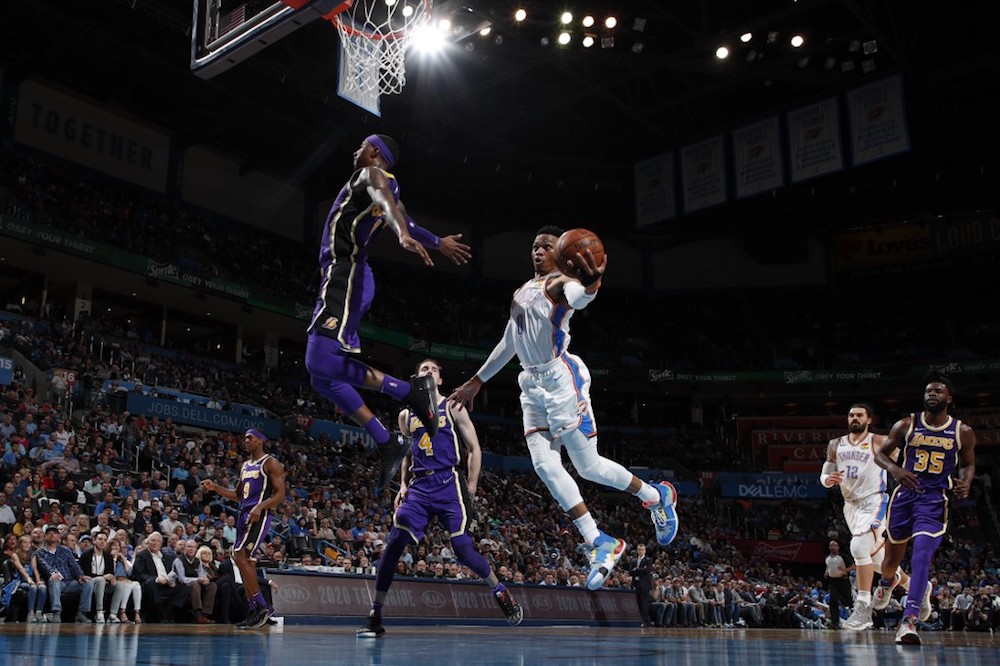Russell Westbrook of the Oklahoma City Thunder shoots the ball against the Los Angeles Lakers at Chesapeake Energy Arena in Oklahoma City April 2, 2019. u00e2u20acu201d AFP pic