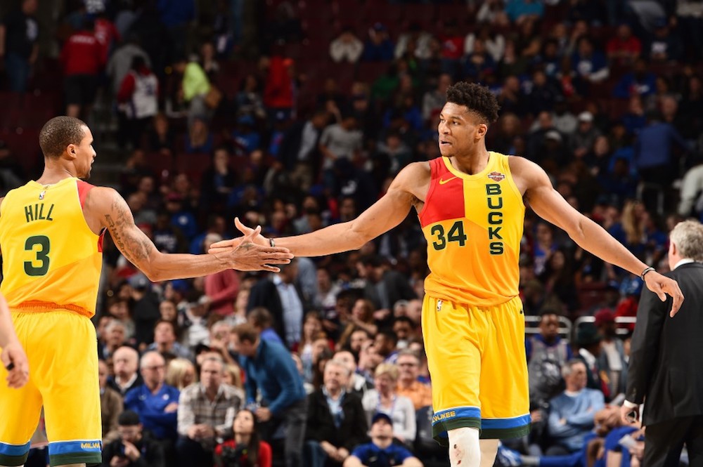 George Hill and Giannis Antetokounmpo of the Milwaukee Bucks celebrate after the game against the Philadelphia 76ers at the Wells Fargo Centre in Philadelphia, Pennsylvania April 4, 2019. u00e2u20acu201d AFP pic