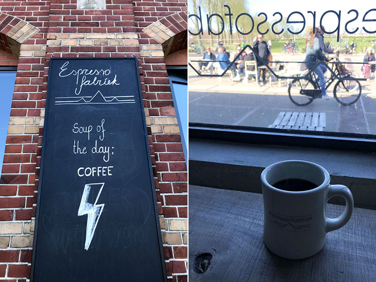 The “soup of the day” — perfect for a chilly spring (left). Watching the world go by (right).