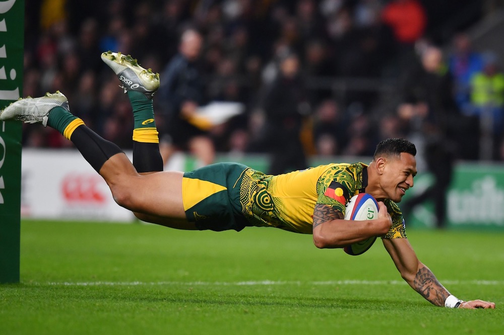 In this file photo taken on November 24, 2018 Australia's full-back Israel Folau scores a try during the international rugby union test match between England and Australia at Twickenham. u00e2u20acu201d AFP pic