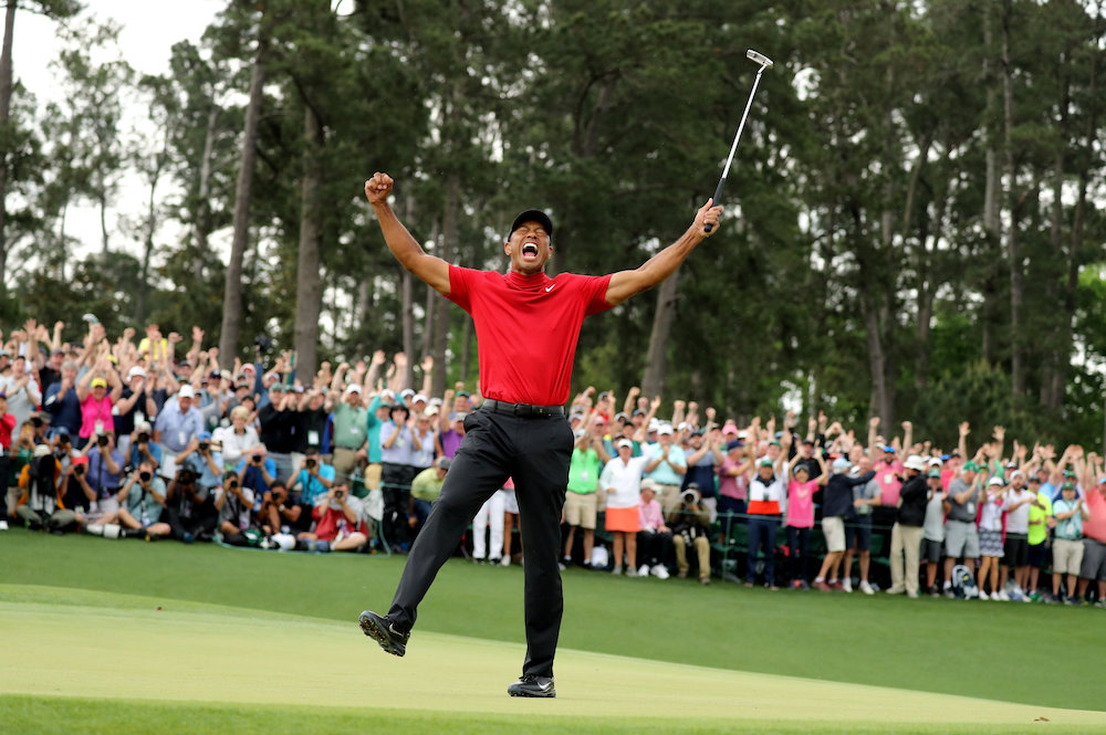 Tiger Woods of the US celebrates on the 18th hole after winning the 2019 Masters in Augusta April 14, 2019. u00e2u20acu201d Reuters pic