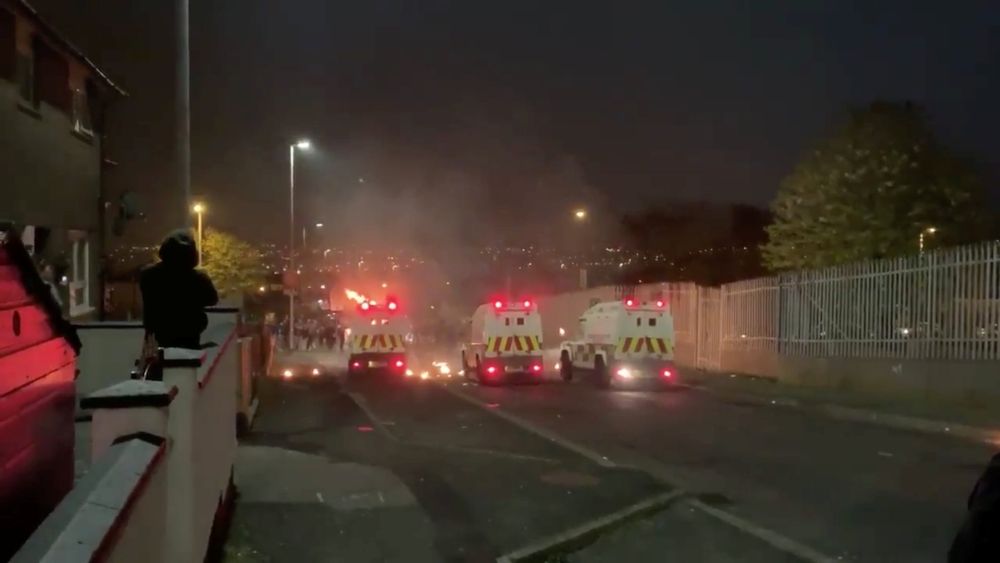 Rioters clash with emergency vehicles in Londonderry, Northern Ireland April 18, 2019, in this still image taken from a video from social media. u00e2u20acu201d Leona O'Neill pic via Reuters