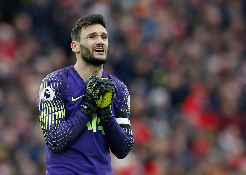 Tottenhamu00e2u20acu2122s Hugo Lloris reacts during the Premier League match with Liverpool at Anfield in Liverpool March 31, 2019. u00e2u20acu201d Reuters pic