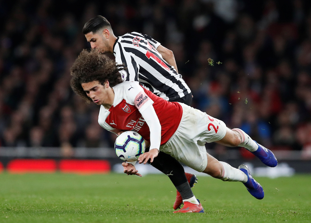 Arsenalu00e2u20acu2122s Matteo Guendouzi in action with Newcastle Unitedu00e2u20acu2122s Ayoze Perez during their Premier League match at Emirates Stadium in London April 1, 2019. u00e2u20acu201d Reuters pic