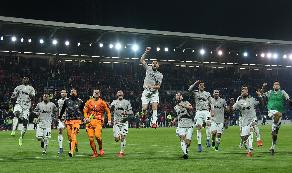 Juventus players celebrate after the match against Cagliari at the Sardegna Arena April 2, 2019. u00e2u20acu201d Reuters pic