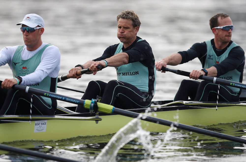 Double Olympic gold medallist James Cracknell (centre) trains as part of Cambridge Universityu00e2u20acu2122s u00e2u20acu02dcBlue boatu00e2u20acu2122 crew on the River Thames in London April 2, 2019, ahead of The Boat Race 2019. u00e2u20acu201d Reuters pic
