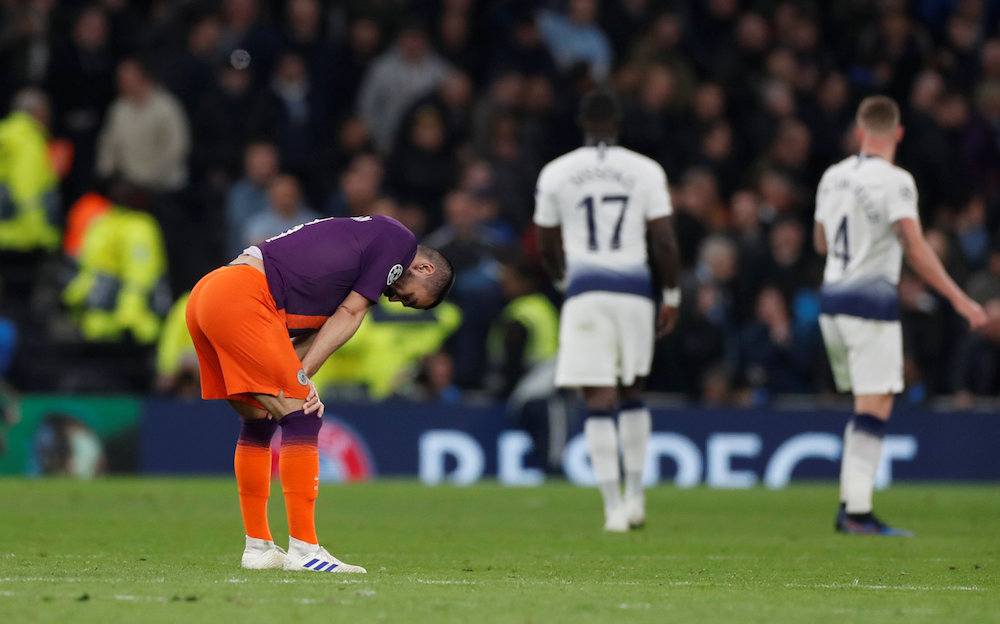 Manchester Cityu00e2u20acu2122s Ilkay Gundogan reacts after the Champions League Quarter Final First Leg match with Tottenham Hotspur at Tottenham Hotspur Stadium in London April 9, 2019. u00e2u20acu201d Action Images pic via Reuters