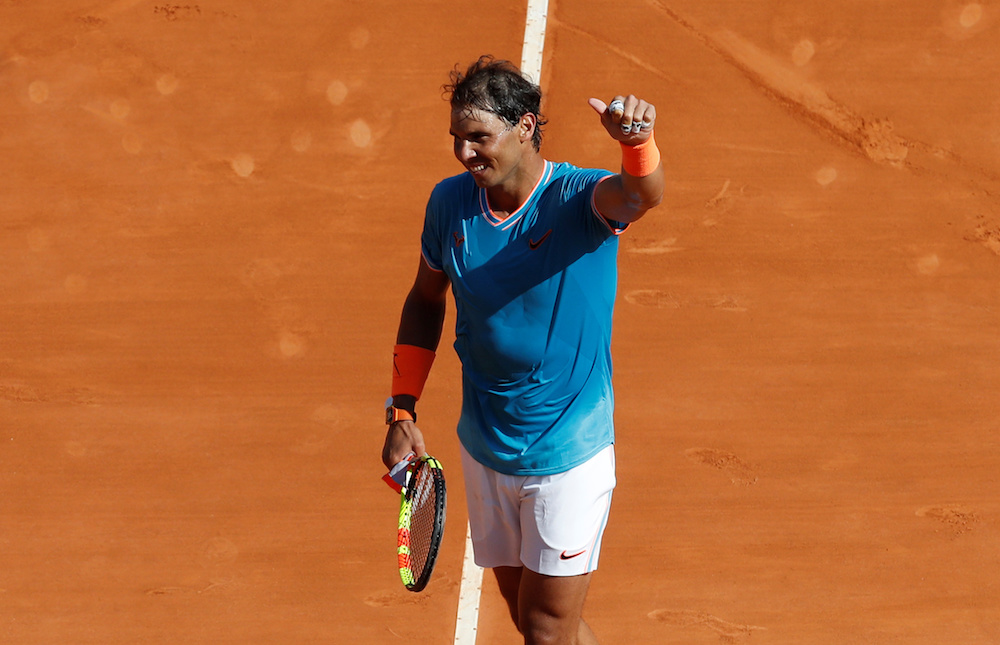 Spainu00e2u20acu2122s Rafael Nadal celebrates after winning his second-round match against Spainu00e2u20acu2122s Roberto Bautista Agut at the Monte Carlo Masters in Roquebrune-Cap-Martin, France April 17, 2019. u00e2u20acu201d Reuters pic