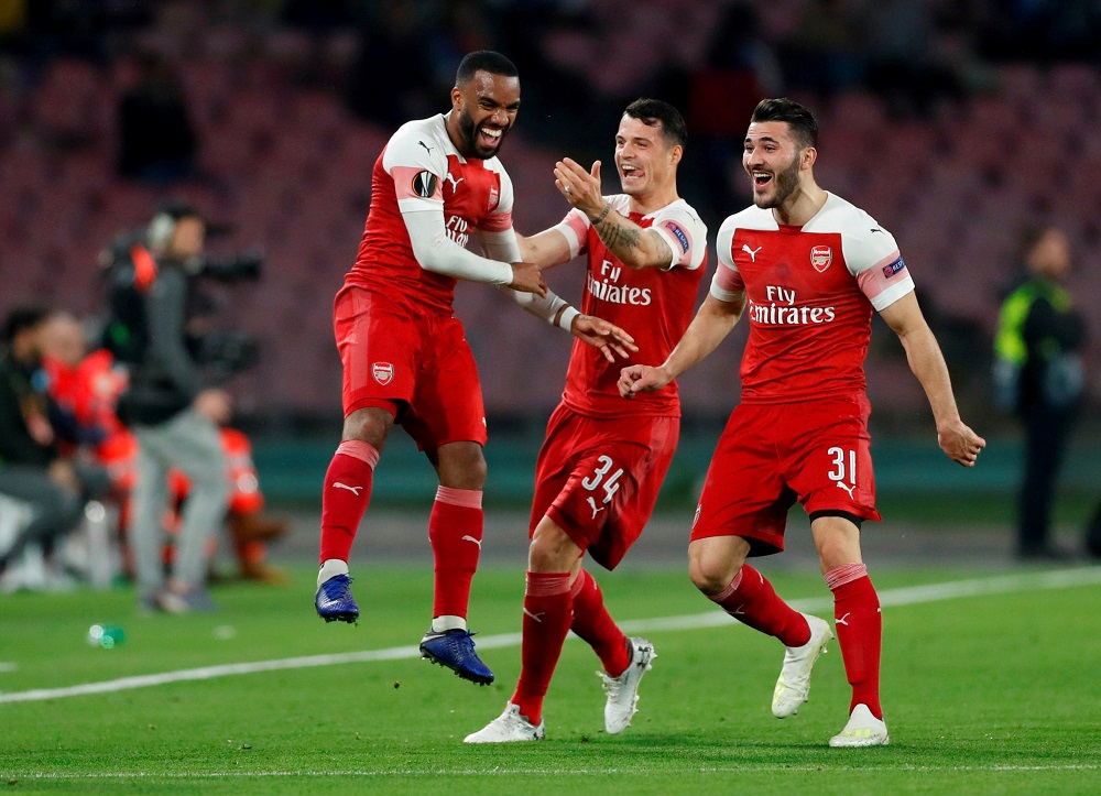 Arsenal's Alexandre Lacazette celebrates scoring their first goal with team mates at Stadio San Paolo in Naples April 18, 2019. u00e2u20acu201d Action Images via Reuters 