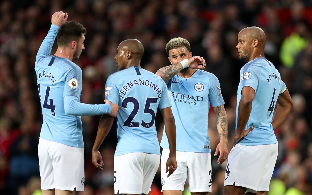 Manchester Cityu00e2u20acu2122s Aymeric Laporte, Fernandinho, Kyle Walker and Vincent Kompany during the match against Manchester United at the Old Trafford April 24, 2019. u00e2u20acu201d Action Images via Reuters
