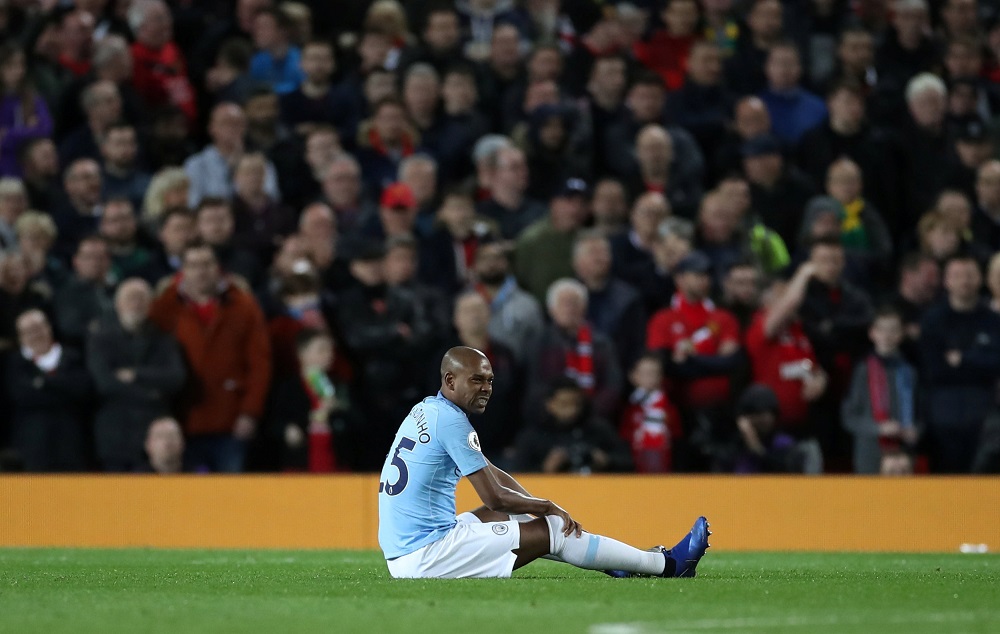 Manchester City's Fernandinho down injured at Old Trafford in Manchester April 24, 2019. u00e2u20acu201d Action Images via Reuters 