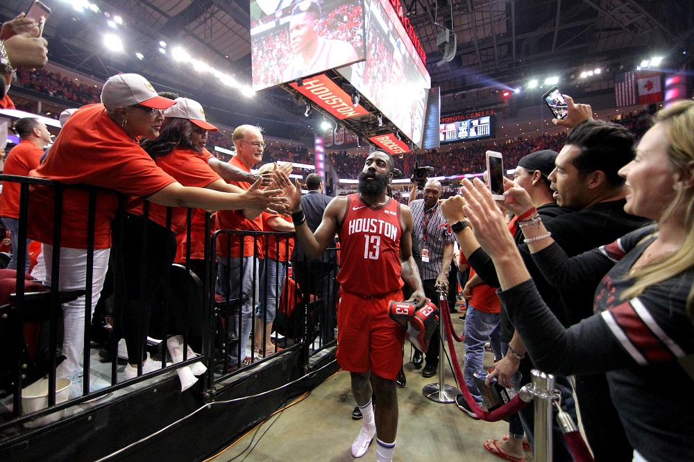 Houston Rockets guard James Harden (13) leaves the court following a 100-93 victory over the Utah Jazz in game five of the first round of the 2019 NBA Playoffs at Toyota Centre April 24, 2019. u00e2u20acu201d Picture by Erik Williams-USA TODAY Sports via Reuters
