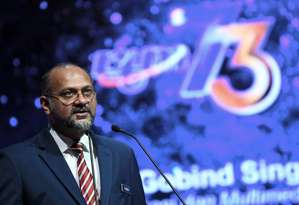 Communications and Multimedia Minister Gobind Singh Deo delivers his speech at the 73rd anniversary celebration of RTM and the launch of the stationu00e2u20acu2122s news trial channel at Angkasapuri April 1, 2019. u00e2u20acu201d Bernama pic