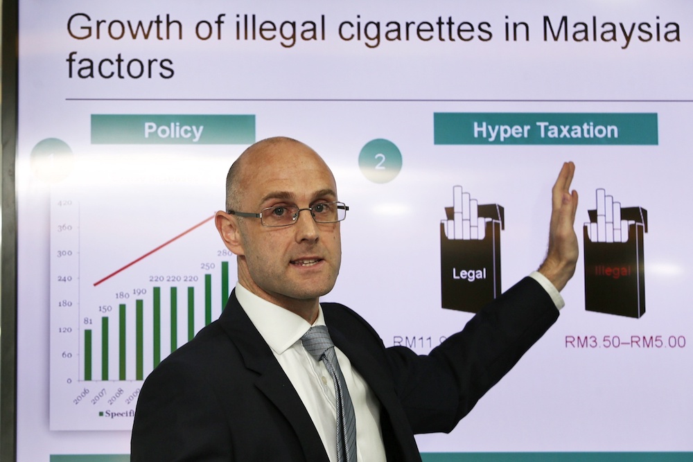 JTI Malaysia general manager Cormac Ou00e2u20acu2122Rourke briefs the media on the latest findings on the illegal cigarette trade in Malaysia, in Kuala Lumpur April 3, 2019. u00e2u20acu201d Picture by Choo Choy May