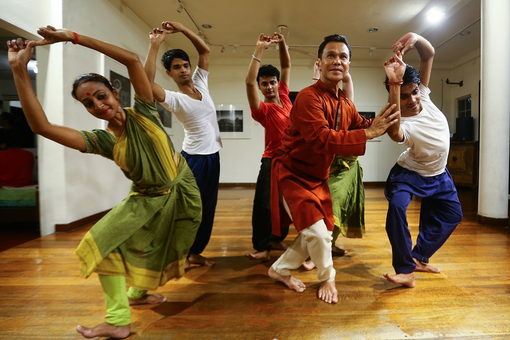 Datuk Ramli Ibrahim (second from right) rehearses with dancers for the upcoming ‘Odissi on High’ performance. 