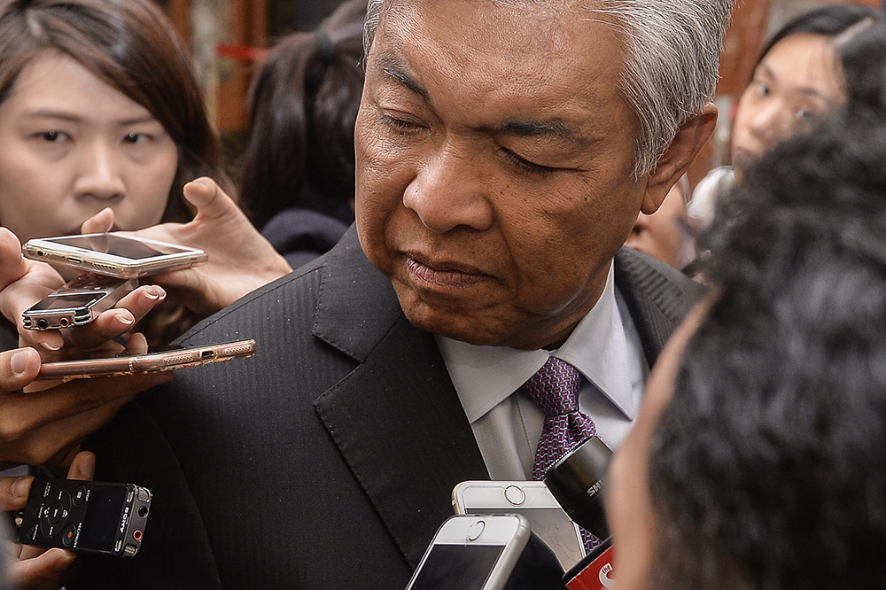 Datuk Seri Ahmad Zahid Hamidi speaks to reporters in Parliament in Kuala Lumpur April 3, 2019. u00e2u20acu201d Picture by Miera Zulyana