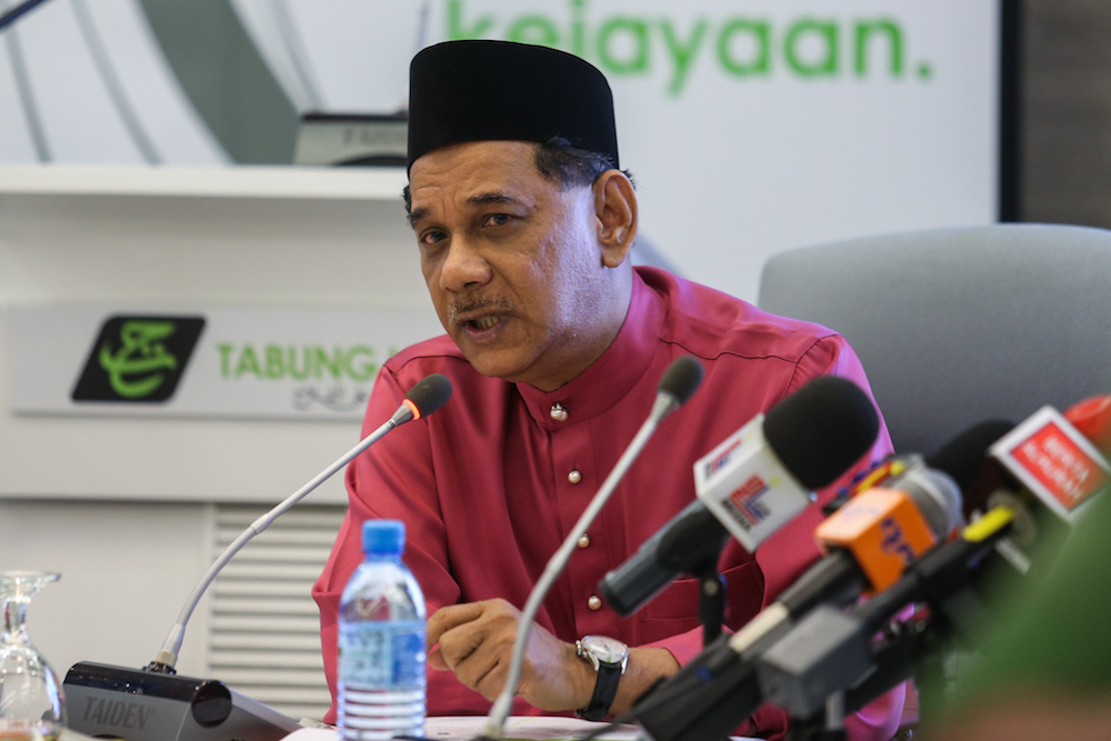 Tabung Haji CEO Datuk Seri Zukri Samat speaks to reporters during the Tabung Haji hibah announcement for 2018 at the Putrajaya Islamic Complex April 5, 2019. — Picture by Ahmad Zamzahuri