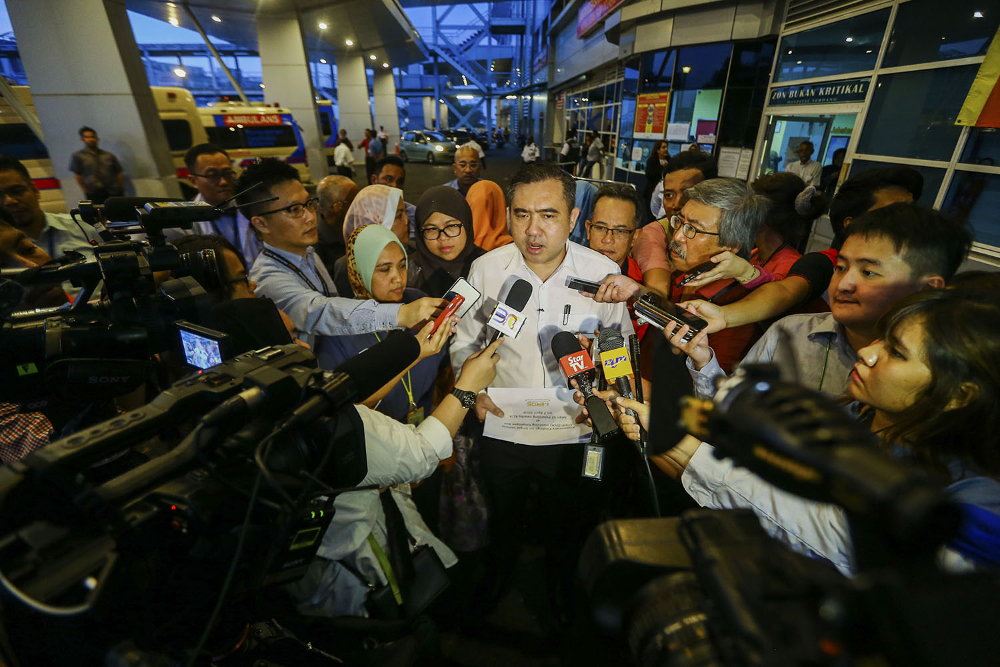 Transport Minister Anthony Loke Siew Fook speaks to reporters during a visit to the victims of the MASKargo bus accident in Sepang April 8, 2019. u00e2u20acu201d Picture by Hari Anggara