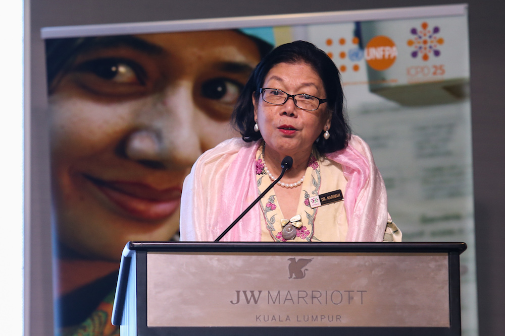 National Population and Family Development Board chairman Datuk Narimah Awin addresses the launch of the State of the World Population Report 2019 in Kuala Lumpur April 10, 2019. — Picture by Ahmad Zamzahuri 