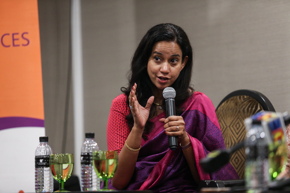Executive Director Asian Pacific Resource and Research Centre for Women (ARROW) Sivananthi Thenenthiran speaks to reporters after the launch of the State of the World Population Report 2019 in Kuala Lumpur April 10, 2019. — Picture by Ahmad Zamzahuri