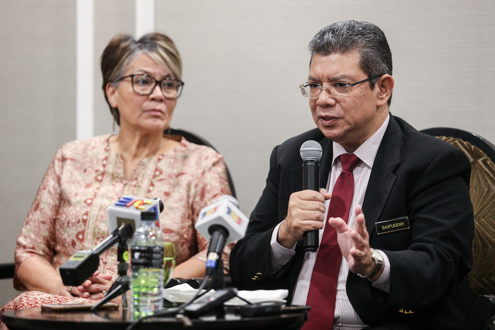 Foreign Minister Datuk Saifuddin Abdullah speaks to reporters after the launch of the State of the World Population Report 2019 in Kuala Lumpur April 10, 2019. — Picture by Ahmad Zamzahuri 