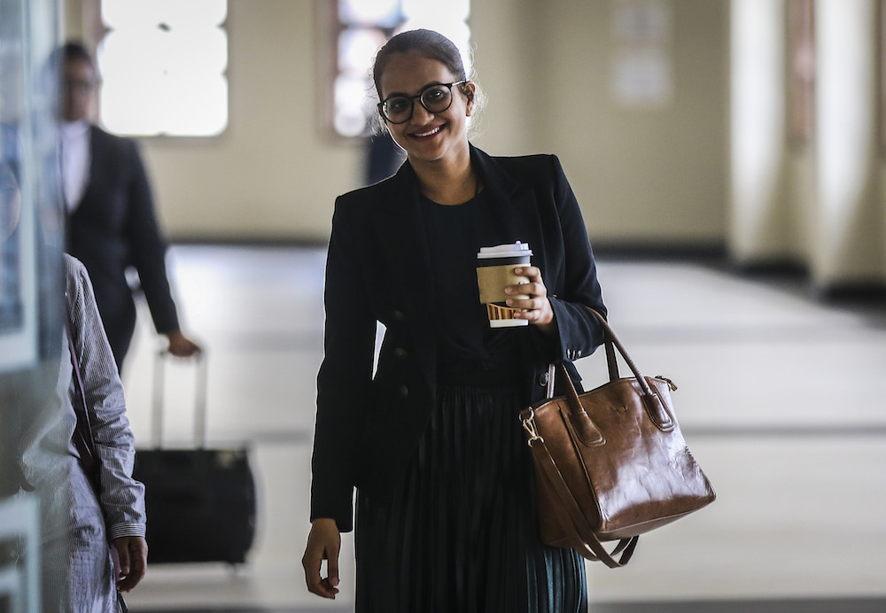 AmBank Jalan Raja Chulan branch manager, R. Uma Devi, is pictured at the Kuala Lumpur High Court Complex April 25, 2019. — Picture by Firdaus Latif