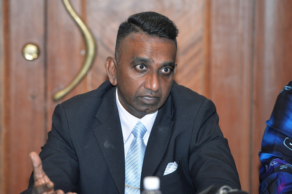 Lawyer Datuk David Gurupatham speaks during a press conference on Maika Holdings Berhad at Dynasty Hotel in Kuala Lumpur April 27, 2019. u00e2u20acu201d Picture by Shafwan Zaidon