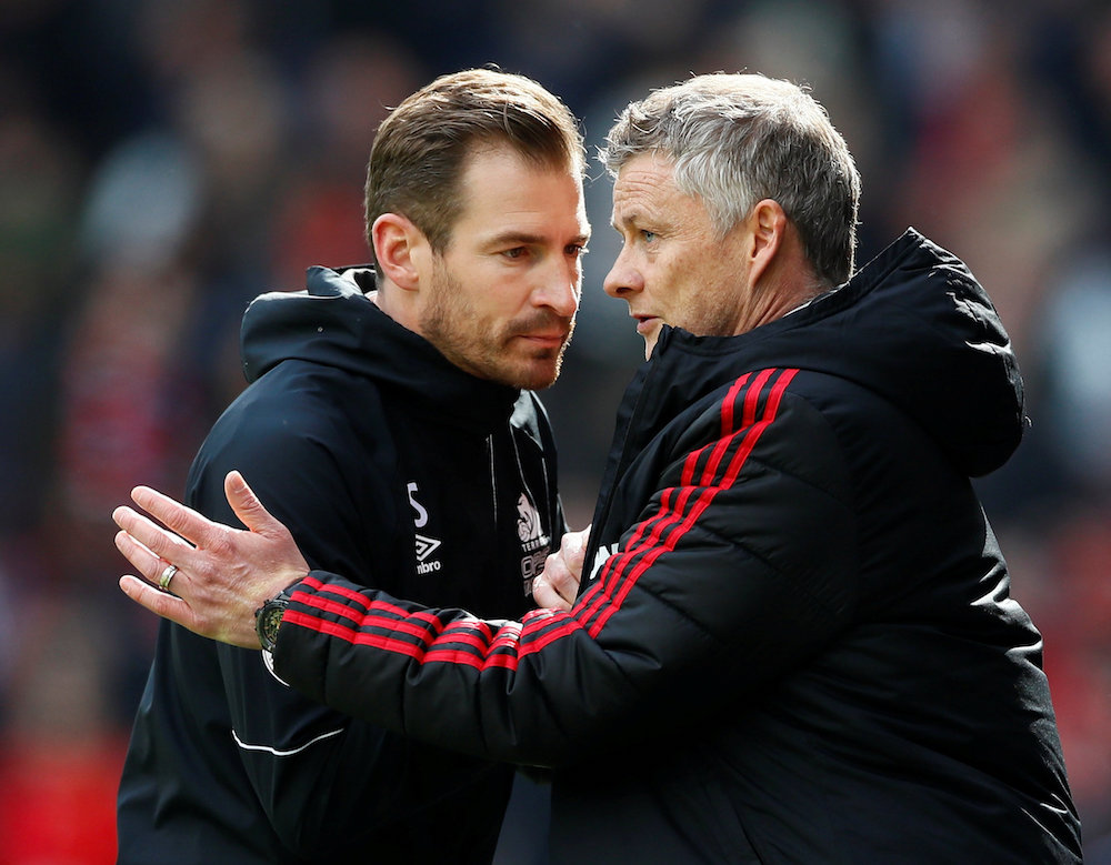 Huddersfield Town manager Jan Siewert shakes hands with Manchester United manager Ole Gunnar Solskjaer after the Huddersfield Town v Manchester United match May 5, 2019. u00e2u20acu201d Reuters pic