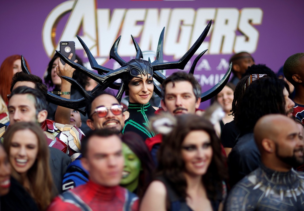 Fans dressed up in costume await the cast members on the red carpet at the world premiere of the film ‘The Avengers: Endgame’ in Los Angeles, California April 22, 2019. — Reuters pic