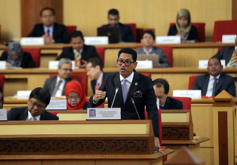 Perak Mentri Besar Datuk Seri Ahmad Faizal Azumu addresses the Perak state assembly in Ipoh April 23, 2019. u00e2u20acu201d Picture by Farhan Najib