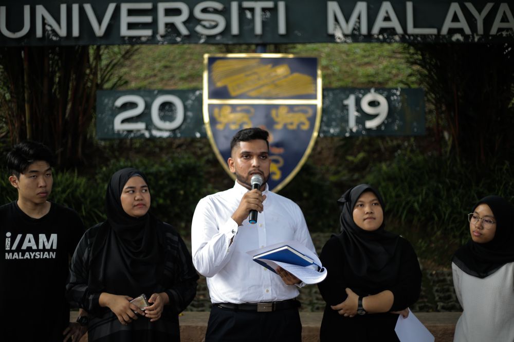 Student activist Asheeq Ali Sethi Alivi speaks to reporters at Universiti Malaya, Kuala Lumpur April 16, 2019. u00e2u20acu201d Picture by Ahmad Zamzahurinn