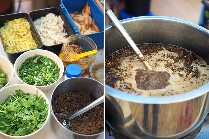 All the ingredients are made fresh daily and ready to be added to your meal (left). Aunty Lan fries up store bought spice paste with additional spices to make her fragrant 'laksa' broth with chicken stock and coconut milk (right)