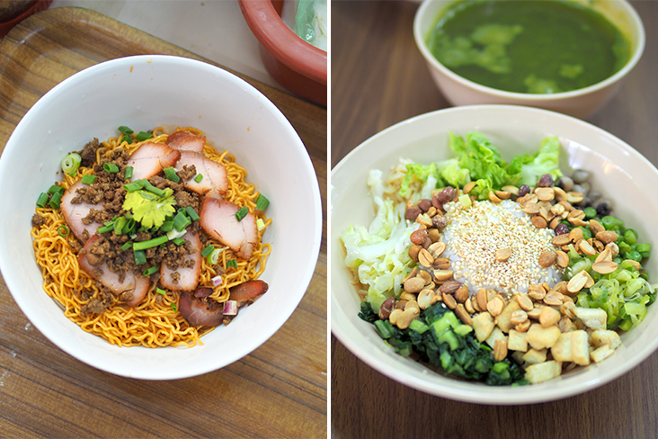 'Mee kolo merah' has a slight sweetish taste as it is tossed with the 'char siew' sauce (left). For a wholesome meal, try the Hakka 'lui cha' served with sesame seeds, peanuts, assorted greens, black eyed beans and beancurd (right)