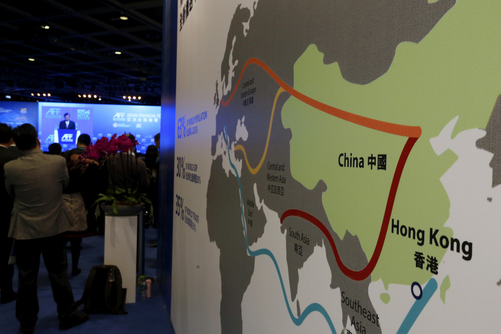 A map illustrating Chinau00e2u20acu2122s silk road economic belt and the 21st century maritime silk road, or u00e2u20acu02dcOne Belt, One Roadu00e2u20acu2122 megaproject, is displayed at the Asian Financial Forum in Hong Kong, China January 18, 2016. u00e2u20acu201d Reuters  pic     